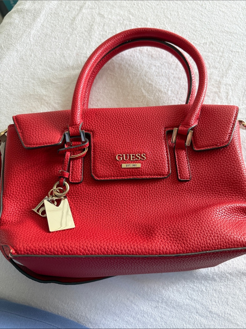 GUESS Red Pebbled Leather Satchel with Gold Accents